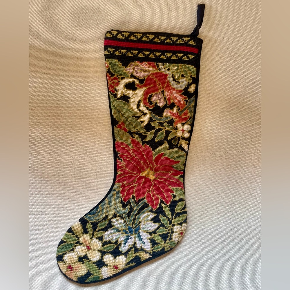 Vintage Needlepoint Christmas Stocking Poinsettia Floral Black Velvet Pier 1